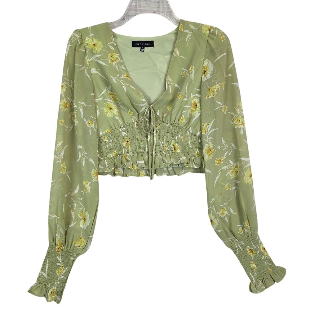 Fairy Floral Pastel Green Crop Blouse S Ruch Sheer Bishop Sleeve Boho V-Neck Top
